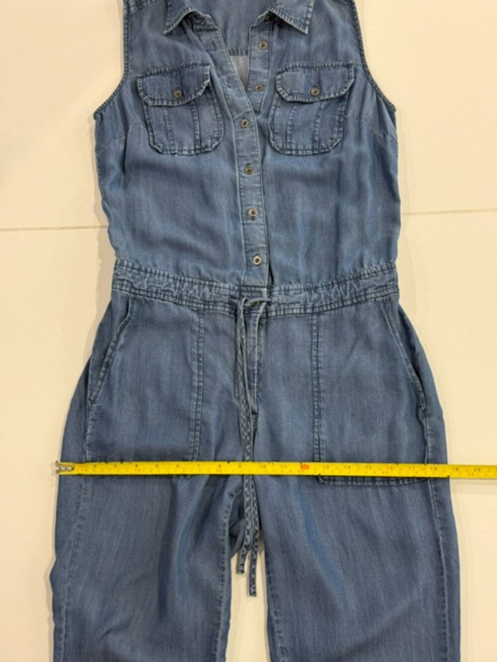 New York & Company XS Chambray Tencel Sleeveless Utility Jumpsuit Button Front - Picture 6 of 10